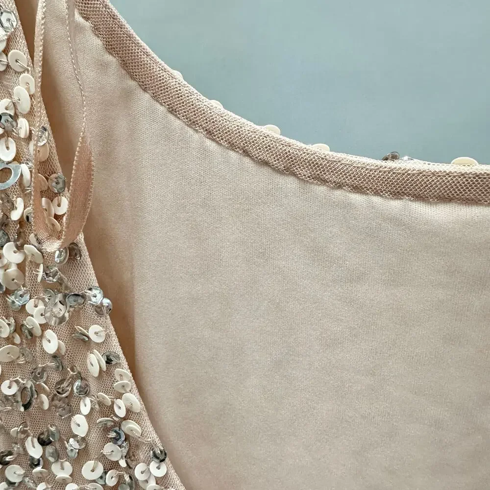 Adrianna Papell 3/4 Sleeve Scoop Back Champagne Sequin‎ Maxi Gown Size 4